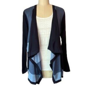 Karen Scott Blue Colorblock Cascade Open Front Cardigan - EUC